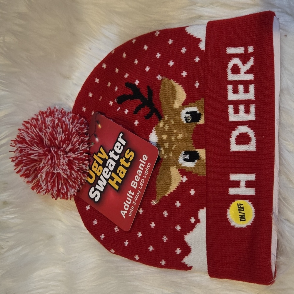 Christmas Adult Beanie Light Up LED Pom Pom Red Ugly Christmas Sweater Hat NWT